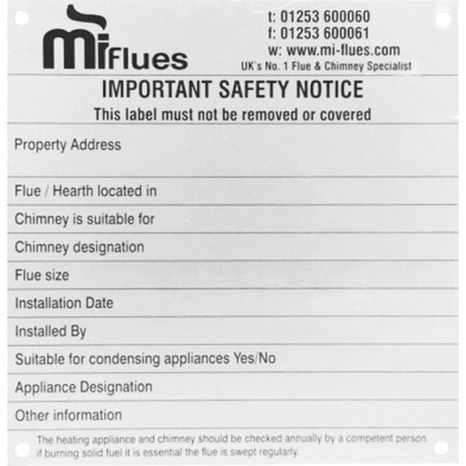 Mi Flues Chimney Notice Plate - 50 Pack